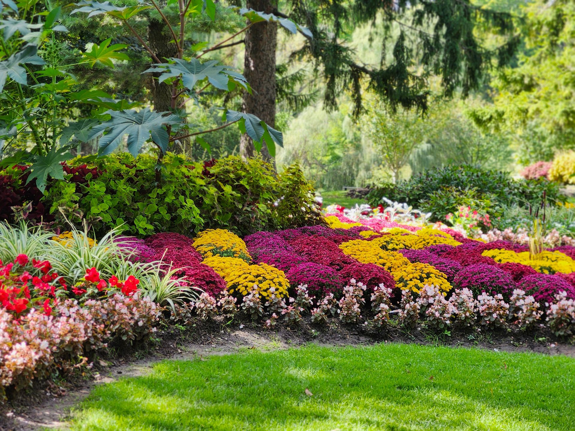 Colorful garden with lush foliage and blooming flowers in a Toronto park.