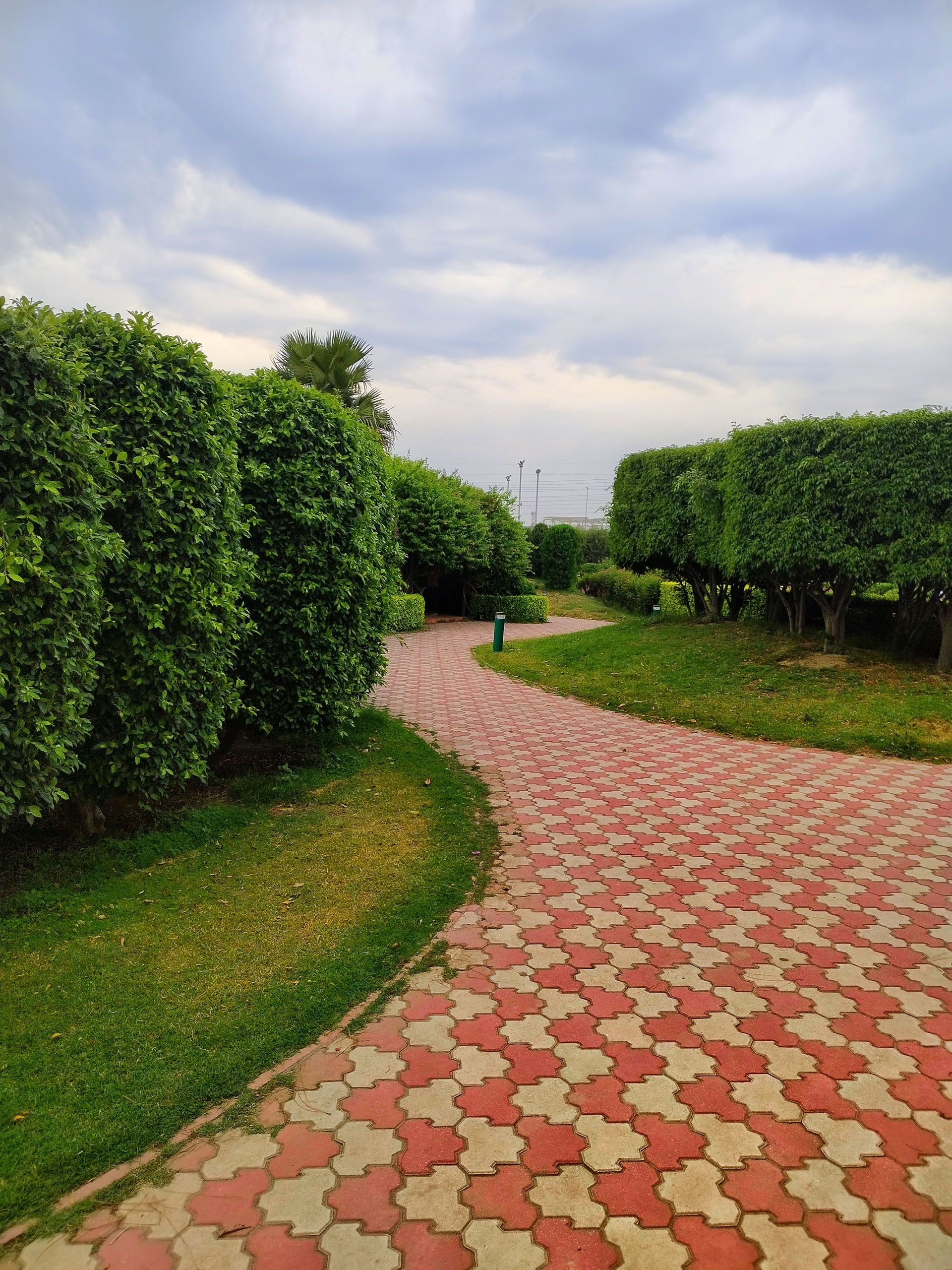 A peaceful outdoor walkway lined with lush green hedges under a cloudy sky in Delhi, India.